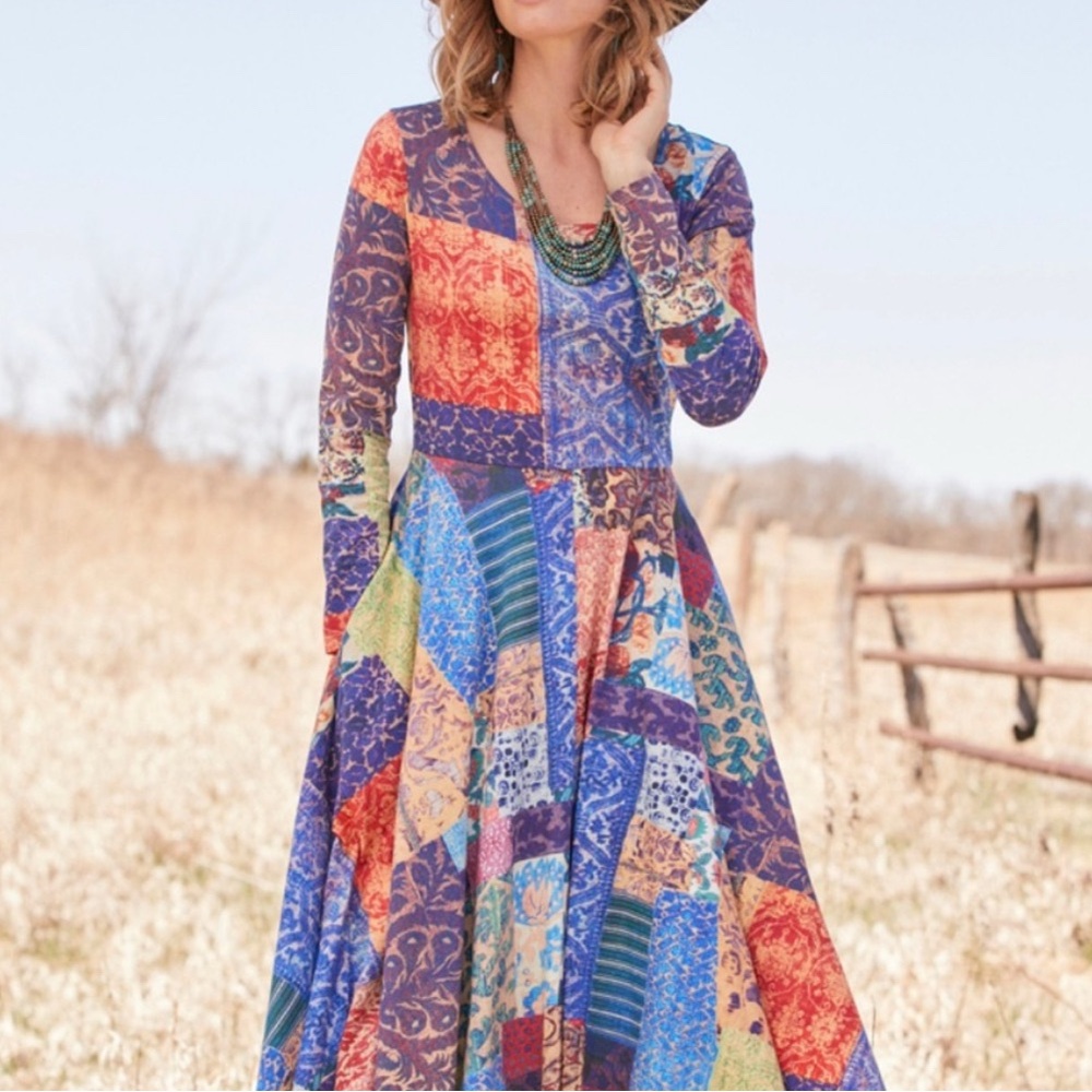 Peruvian Connection Patchwork Print Maxi Dress Boho Artisan Pima Cotton Folk Art - Picture 9 of 9